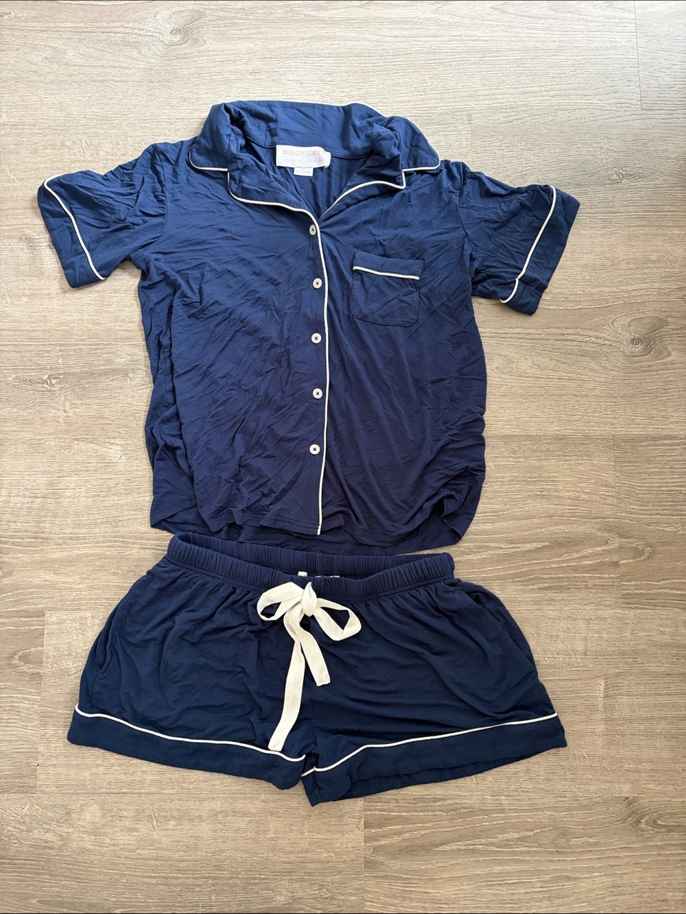 Birdy Grey Navy Short Sleeve Pajama Set with White Trim